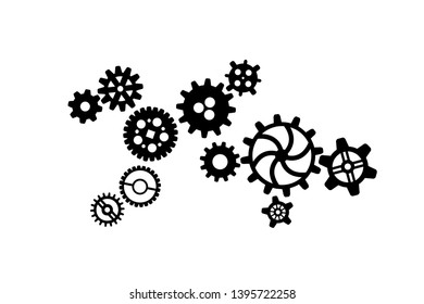 A lot of black different silhouettes of cogwheels, steampunk mechanism isolated on white