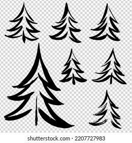 Pisos de pincel texturados diferentes en negro en árbol de abeto conjunto sobre fondo transparente de imitación
