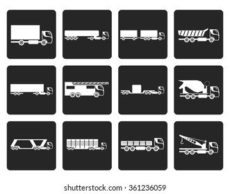 Black different types of trucks and lorries icons - Vector icon set