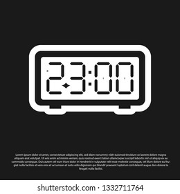 Black Digital alarm clock icon isolated on black background. Electronic watch alarm clock. Time icon. Vector Illustration