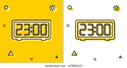 Black Digital alarm clock icon isolated on yellow and white background. Electronic watch alarm clock. Time icon. Random dynamic shapes. Vector Illustration