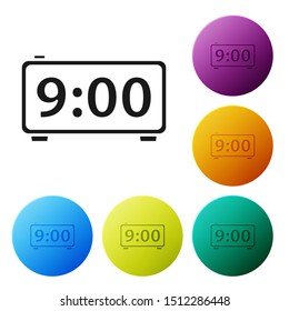 Black Digital alarm clock icon isolated on white background. Electronic watch alarm clock. Time icon. Set icons colorful circle buttons. Vector Illustration