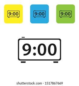 Black Digital alarm clock icon isolated on white background. Electronic watch alarm clock. Time icon. Set icons colorful square buttons. Vector Illustration
