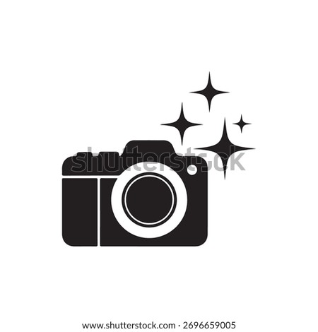 Black Digital Camera Icon with Sparkling Stars Symbolizing Photography Quality and Flash