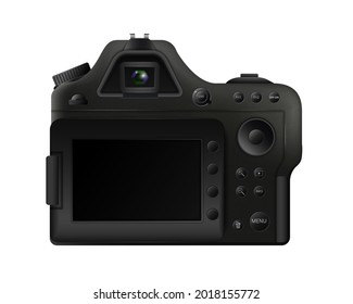 Black digital camera template. Professional gadget with push button settings interface and dark vector display.