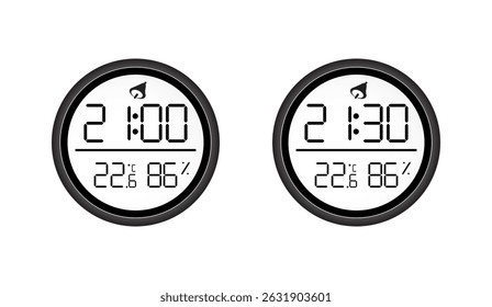 Reloj digital negro que ilustra el tiempo y las condiciones ambientales, incluida la temperatura y la humedad, sobre un fondo blanco limpio, simple y moderno