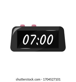 Black digital clock with pink buttons. Vector illustration isolated on white background.