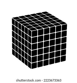 Black digital cube in perspective. 6x6. Graphic object from smaller isometric cubes. 3d vector illustration. Geometric figure icon.