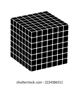 Black digital cube in perspective. 7x7. Graphic object from smaller isometric cubes. 3d vector illustration. Geometric figure icon.