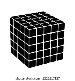Black digital cube in perspective. Graphic object from smaller isometric cubes. 3d vector illustration. Geometric figure icon.
