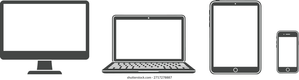 Iconos negros del dispositivo digital, sistema de Vector del smartphone de la tableta del ordenador portátil, gráficos de la silueta de la tecnología, emblema editable de la pantalla para la interfaz de usuario, App, infografías, comunicación, productividad, y visuales modernas del dispositivo