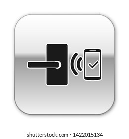 Black Digital door lock with wireless technology for unlock icon isolated on white background. Door handle sign. Security smart home of concept. Silver square button. Vector Illustration