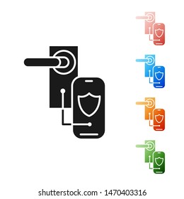 Black Digital door lock with wireless technology for lock icon isolated on white background. Door handle sign. Security smart home. Set icons colorful. Vector Illustration