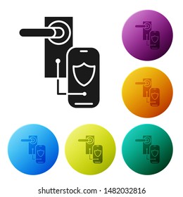 Black Digital door lock with wireless technology for lock icon isolated on white background. Door handle sign. Security smart home. Set icons colorful circle buttons. Vector Illustration