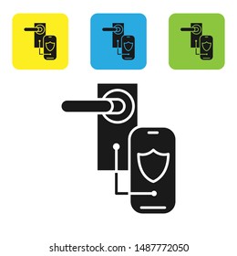 Black Digital door lock with wireless technology for lock icon isolated on white background. Door handle sign. Security smart home. Set icons colorful square buttons. Vector Illustration