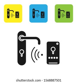Black Digital door lock with wireless technology for unlock icon isolated on white background. Door handle sign. Security smart home. Set icons colorful square buttons. Vector Illustration