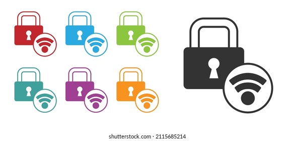 Bloqueo de puerta digital negro con tecnología inalámbrica para el icono de desbloqueo aislado en fondo blanco. Señal de la manecilla de la puerta. Un hogar seguro e inteligente. Indique los iconos en colores. Vector