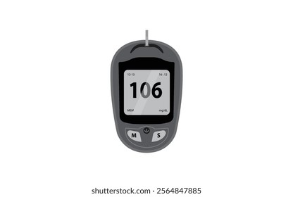 A black digital glucometer displaying a blood sugar reading of 106 mg,dL, with a sleek design and white background, ideal for medical or educational use.