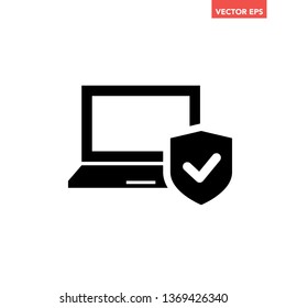 Black digital laptop with shield ok checkmark secure icon, simple tech flat design illustration infographic pictogram vector, app logo web button ui ux interface element isolated on white background