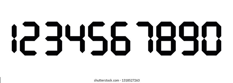 Black digital numbers. Seven-segment display is used in calculators, digital clocks or electronic meters. Vector illustration.