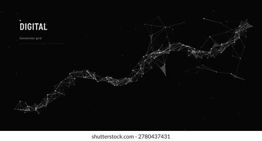 Black Digital Plexus Grid Background With Diagonal Fineline Connections, Dots, Nodes, And Polygon Facets For Technology, Data, Science, AI, And Cyber Design.