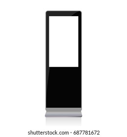 Black digital signage mockup with blank screen - front view. Multimedia stand isolated on white background. Vector illustration