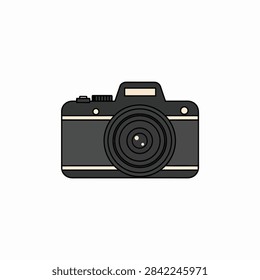 Black digital single lens reflex camera with mounted telephoto lens isolated on white