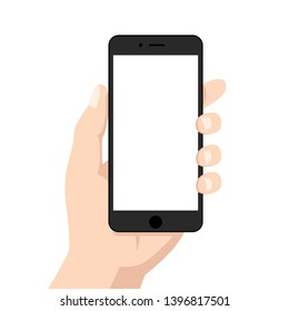 Black digital smartphone with empty screen in hand, modern flat design icon for interface elements ads app ui ux web site banner, graphic illustration vector eps 10 isolated on white background