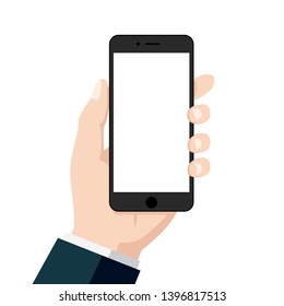 Black digital smartphone with empty screen in hand, modern flat design icon for interface elements ads app ui ux web site banner, graphic illustration vector eps 10 isolated on white background