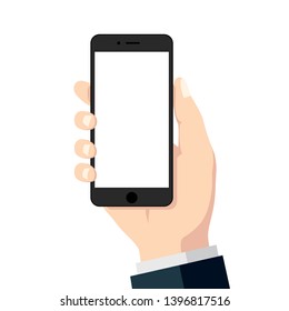 Black digital smartphone with empty screen in hand, modern flat design icon for interface elements ads app ui ux web site banner, graphic illustration vector eps 10 isolated on white background