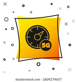 Black Digital speed meter concept with 5G icon isolated on white background. Global network high speed connection data rate technology. Yellow square button. Vector