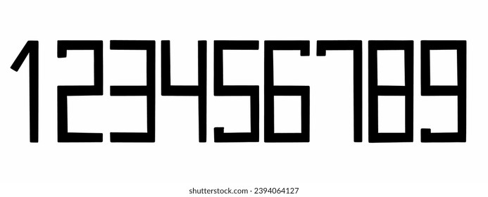 Fuente de números de dígitos negros de 0 a 9 de la colección de fuentes. Ilustración vectorial en el estilo dibujado a mano de doodle aislado en fondo blanco. Para tipografía, menú, negocio.