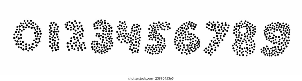 Black digits numbers font from 0 to 9 font collection consisting of dots. Vector illustration in doodle hand drawn style isolated on white background. For menu, design, discount.