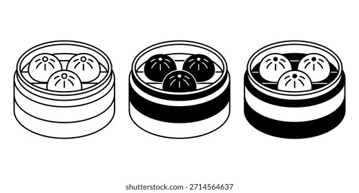 Paquete de iconos de canasta de dim sum negro perfecto para restaurantes asiáticos, menús de cocina tradicional y proyectos de temática gastronómica.