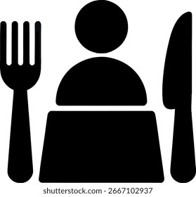 Black dinner icon with person, fork, and knife representing restaurant or meal service on white background