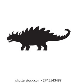 Black dinosaur silhouette vector illustration shows a sturdy armored creature with sharp teeth spikes along its back and a distinctive curled tail design perfect for primitive animal graphics.
