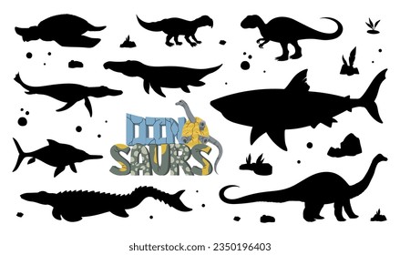 Black dinosaur silhouettes, isolated vector icons of sarcosuchus, henodus, mosasaurus, tyrannosaur and apatosaurus dino. Prehistoric jurassic era reptile animals, ancient monsters monochrome shades