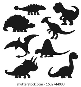 Black dinosaur silhouettes . Vector triceratops, tyrannosaurus, stegosaurus and brontosaurus, pterodactyl, parasaurolophus and spinosaurus, diplodocus and ankylosaurus shapes svg