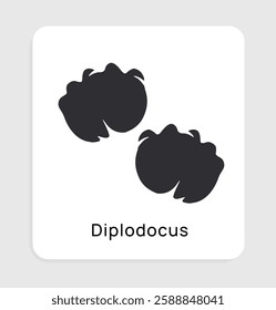 Black Diplodocus footprints icon on a white square with rounded edges, set against a light gray background. Symbol representing dinosaur tracks. Vector illustration