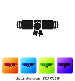 Black Diploma rolled scroll with stamp and ribbon icon on white background. Paper scroll with wax seal. Graduation concept. Business certificate. Set icon in color square buttons. Vector Illustration