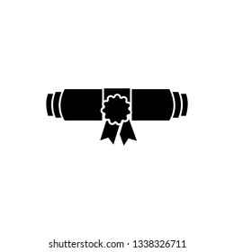 Black Diploma rolled scroll with stamp and ribbon icon isolated on white background. Paper scroll with wax seal. Graduation concept. Business certificate. Vector Illustration
