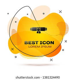 Black Diploma rolled scroll with stamp and ribbon icon isolated on white background. Paper scroll with wax seal. Graduation concept. Business certificate. Fluid color banner. Vector Illustration