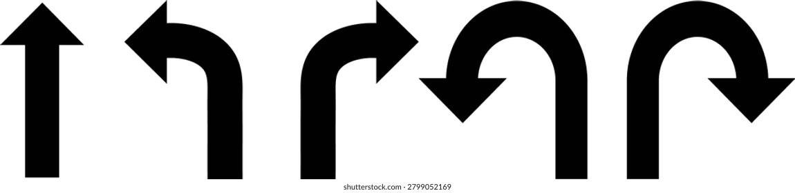 Black direction arrow icon set displays various road signs. Symbols represent straight, turn left, turn right, and turn around choices. Vector graphics are ideal for traffic navigation.