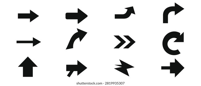 Black directional arrow icon set featuring straight, curved turn, 90 degree arch, circular refresh, double chevron, and lightning symbols isolated on white