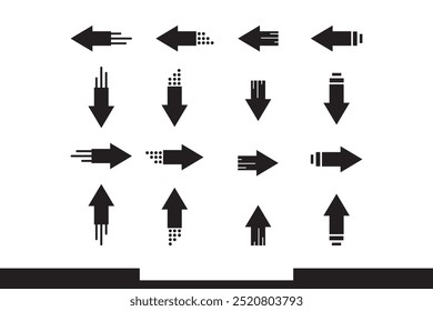 Black directional arrows with different designs pointing up, down, left, and right on a white background. Ideal for symbols, interfaces, infographics, or design projects.