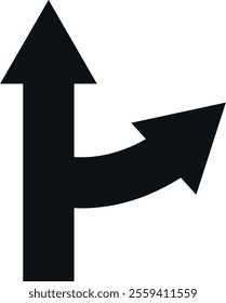 Black directional road sign with arrows: one pointing straight up, one curving right then up, indicating various driving directions at an intersection.