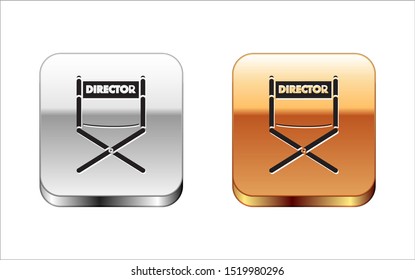 Black Director movie chair icon isolated on white background. Film industry. Silver-gold square button. Vector Illustration