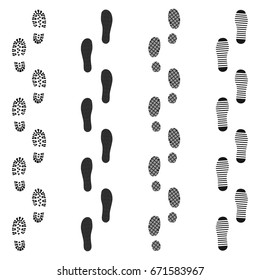 Black dirty isolated footprint track steps. Sport footprint shoes set. Vector set footprint icon in flat style