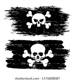 Black dirty pirate flags with skulls vector illustration isolated on white background