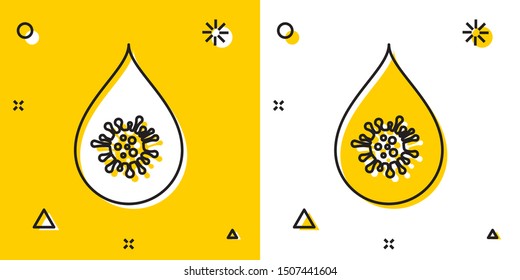 Black Dirty water drop icon isolated on yellow and white background. Bacteria and germs, microorganism disease, cell cancer, microbe, virus, fungi. Random dynamic shapes. Vector Illustration